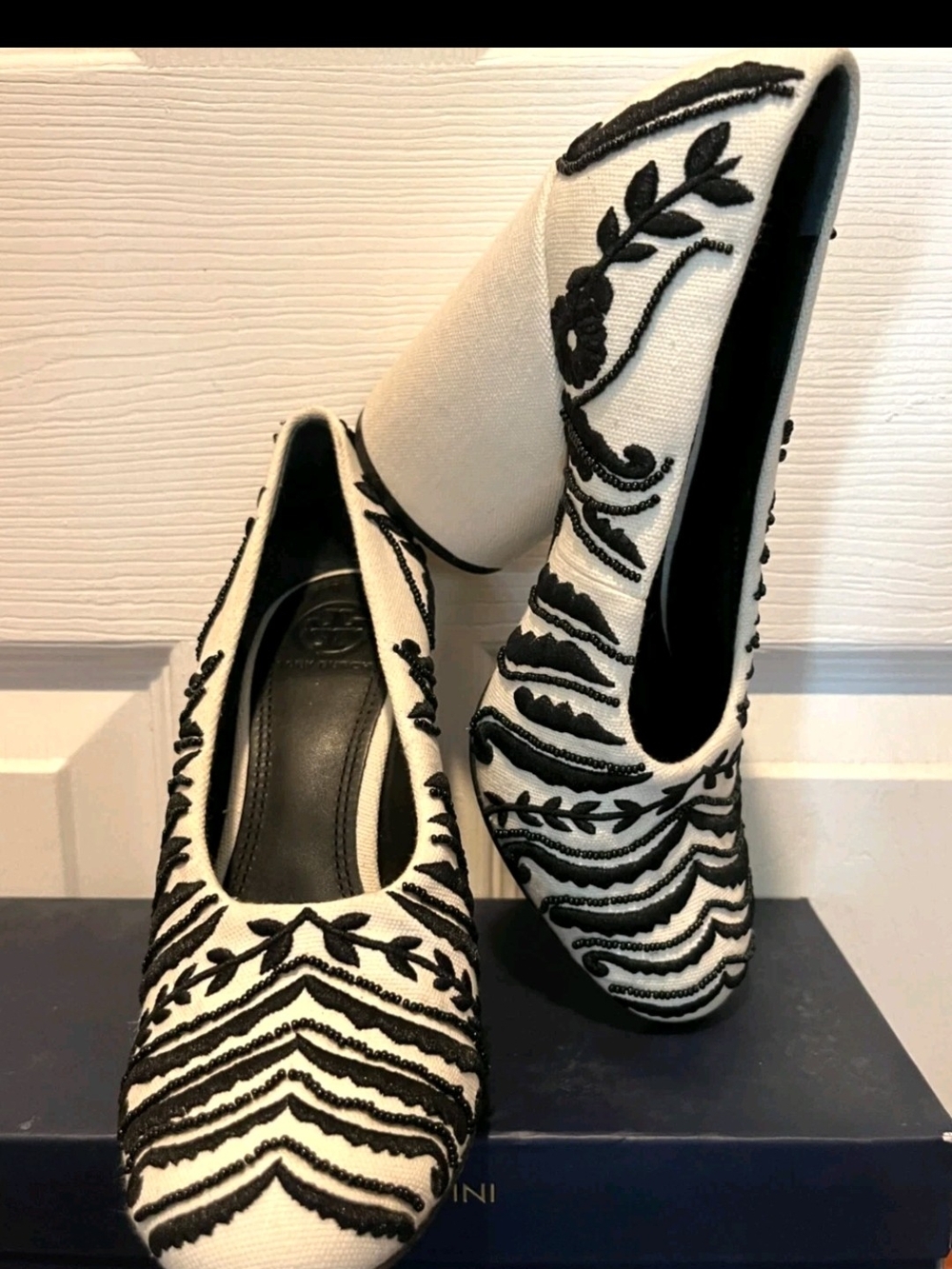 Tory Burch Black and White Embroidered Block Heel Pumps, size 6.5